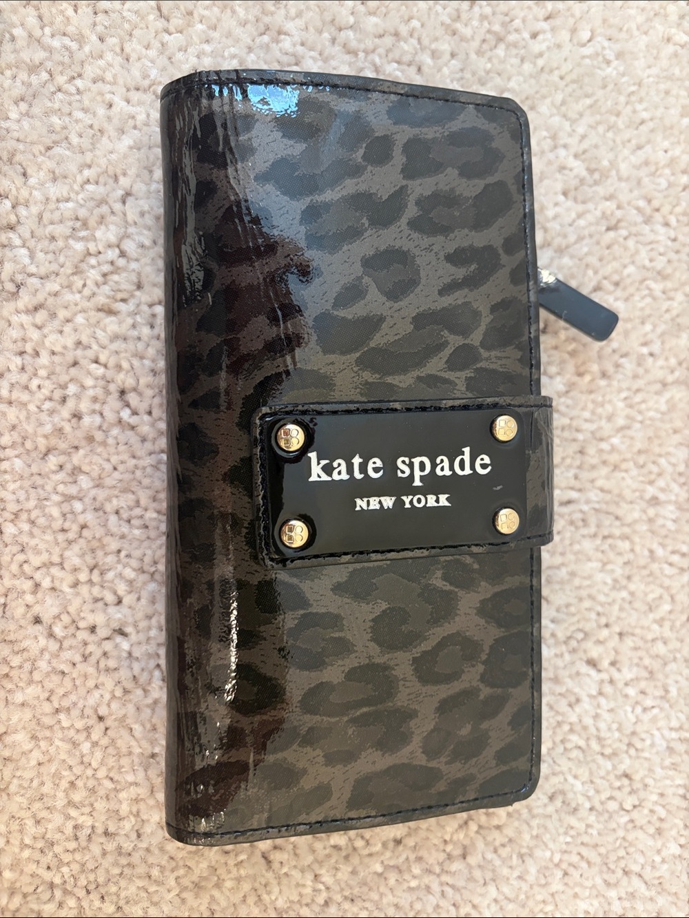 kate spade Black and Gray Leopard Patent Leather Wallet with Gold Plaque